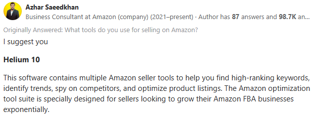 Helium 10 Quora Comment