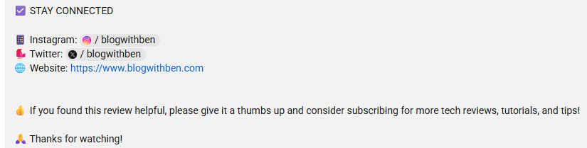 Example of social media links in YouTube Description