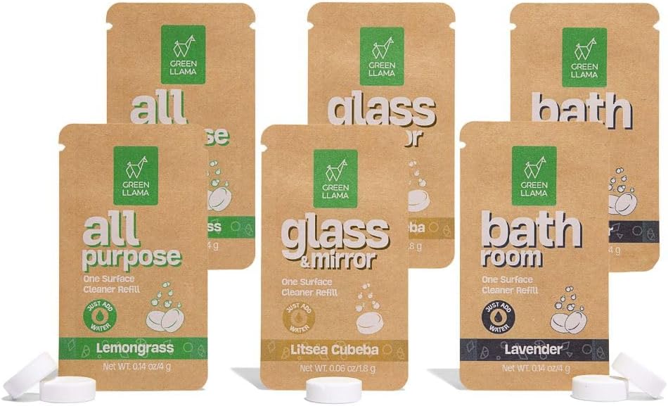 Green Llama Eco-Friendly Cleaning Tablet Variety Pack - Multi-Surface, Glass & Bathroom Cleaner Refills, Compostable, Plant-Based, Family & Pet Safe - Sample Pack with 6 Tablets on Amazon